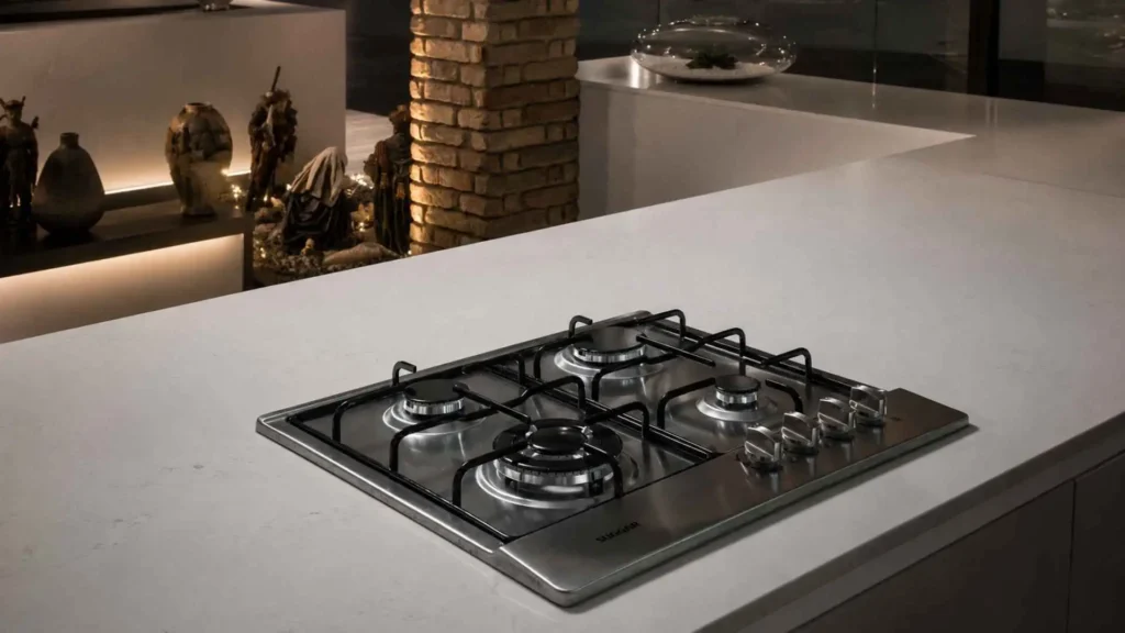 Detalhe lateral em perspectiva do Cooktop a Gás 4 Bocas FG4134IX em aço inox mostrando as grades e os queimadores