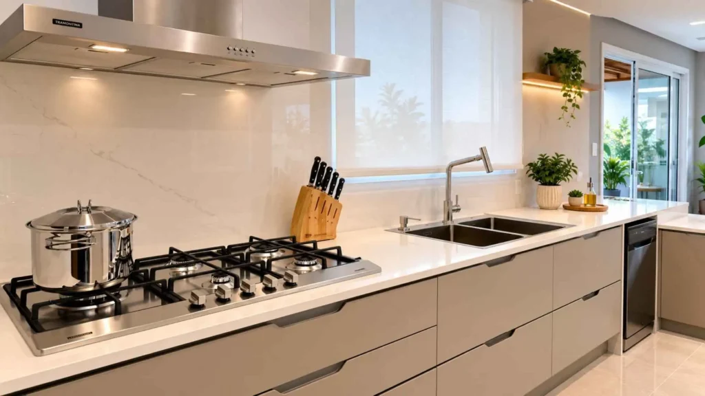 Cozinha planejada moderna com cooktop Tramontina Penta Plus embutido em bancada de quartzo branca com coifa de inox ao fundo