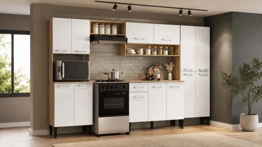 Cozinha Completa Arizona Plus Carraro nas cores Carvalho e Branco com balcão e paneleiro