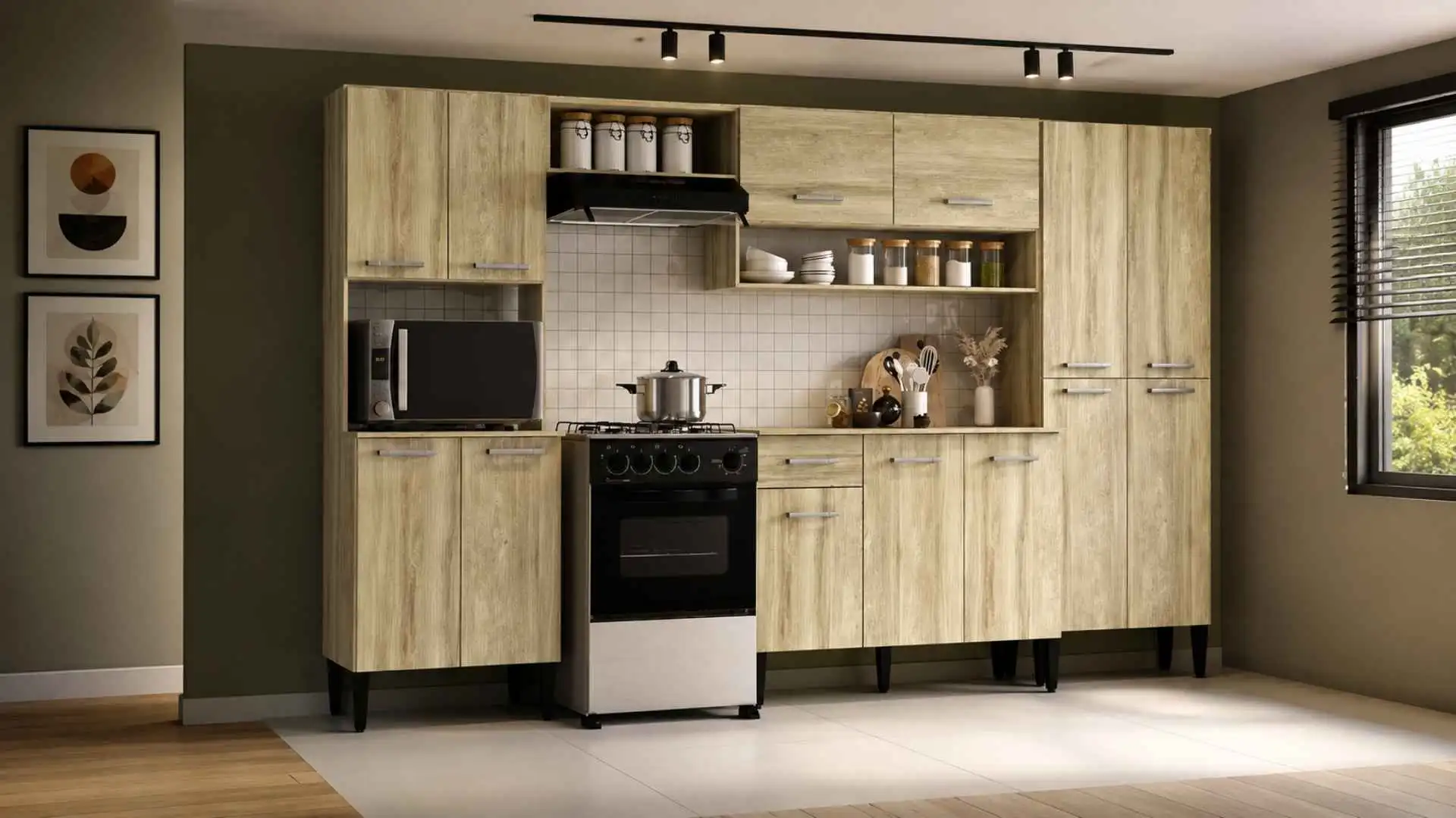 Cozinha Completa Arizona Plus Carraro 13 portas na tonalidade Carvalho montada em ambiente decorado