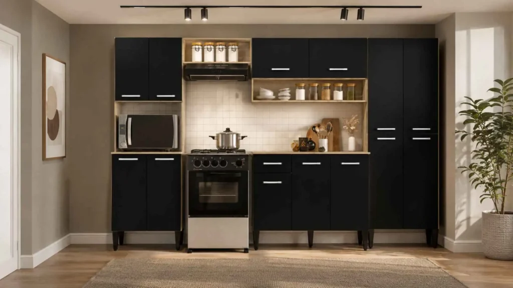 Cozinha Completa Arizona Plus Carraro na cor Preto com detalhes em Carvalho