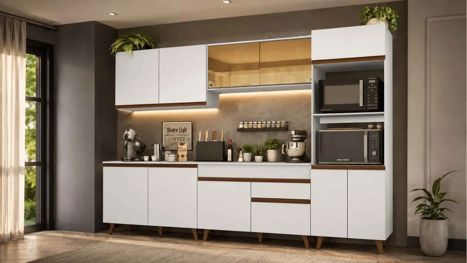 Cozinha Completa Madesa Reims 310001 branca com armário aéreo de vidro reflex, balcão e torre quente para forno e micro-ondas