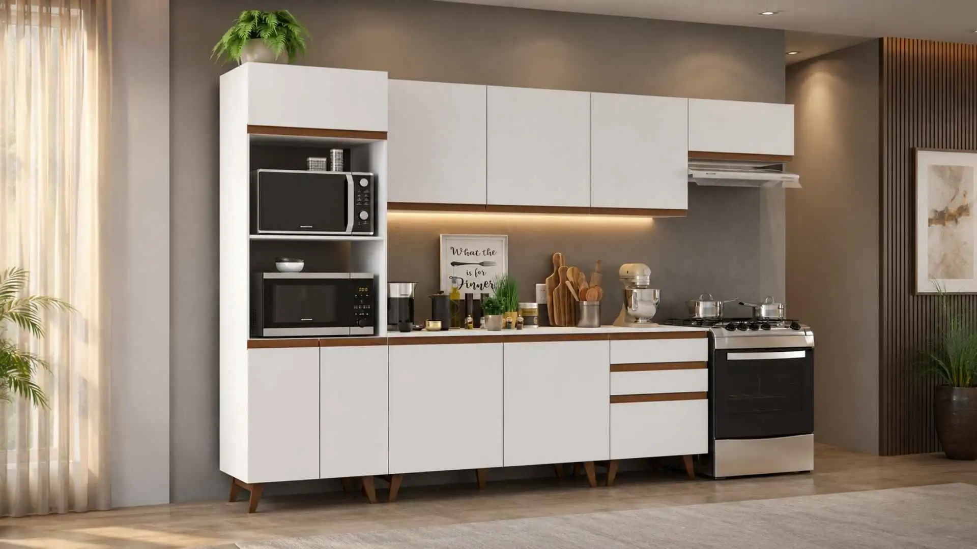 Cozinha completa Madesa Reims 320001 acabamento branco com balcão de pia e armários aéreos modulados