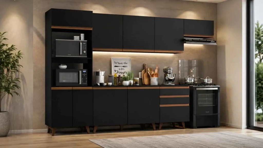 Cozinha completa Madesa Reims 320001 na cor preta instalada em ambiente moderno com torre-quente e armários lineares