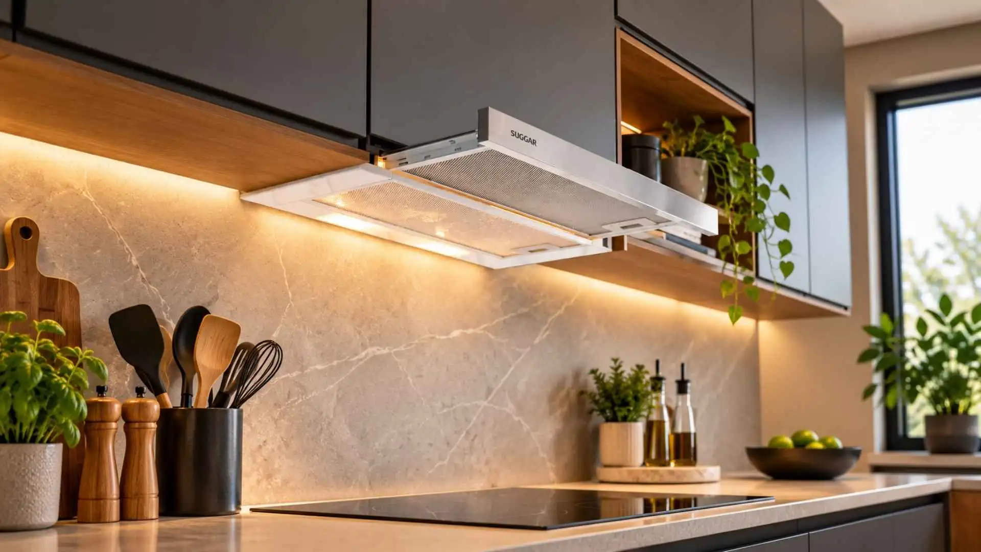 Depurador de ar Slim de embutir 60 cm Suggar instalado em armário planejado com iluminação acesa sobre o cooktop