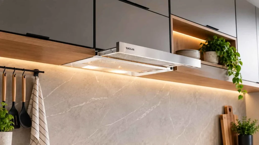 Depurador de ar Slim de embutir 60 cm Suggar aberto com tela deslizante telescópica e frontal em inox escovado
