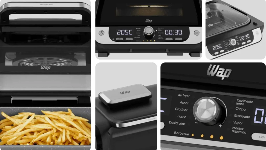 Colagem de fotos da WAP Air Fryer Barbecue Digital 12 em 1 mostrando o painel digital moderno, batatas fritas crocantes e os botões de ajuste de temperatura.