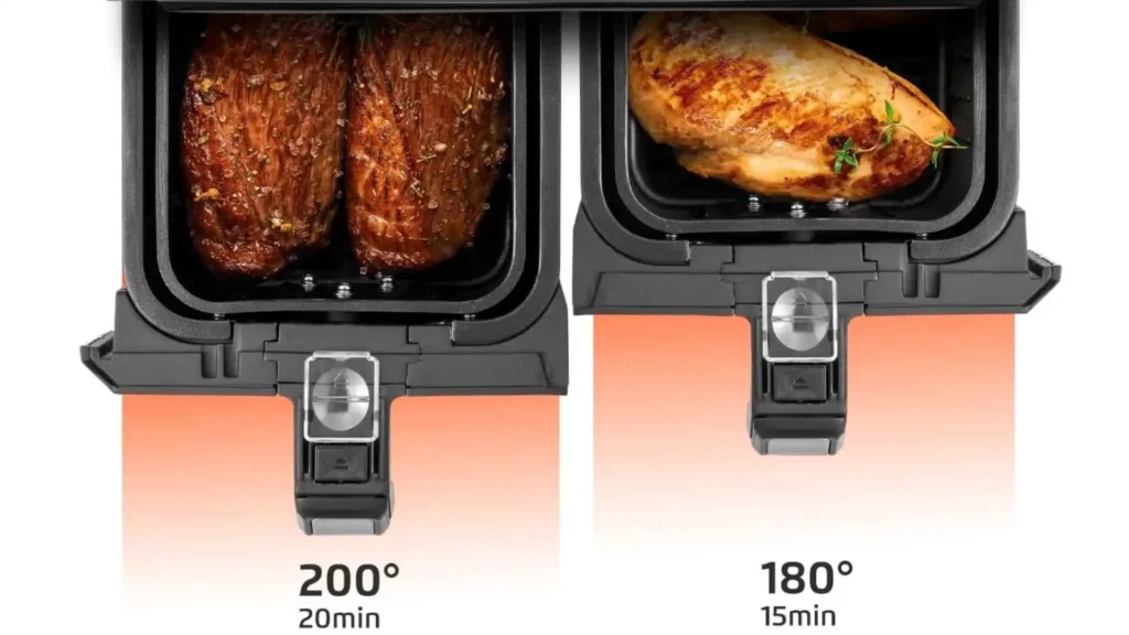 Esquema mostrando os dois cestos independentes da Air Fryer Mondial Dualzone 8L funcionando de forma simultânea com tempos e temperaturas diferentes de 200°C e 180°C.