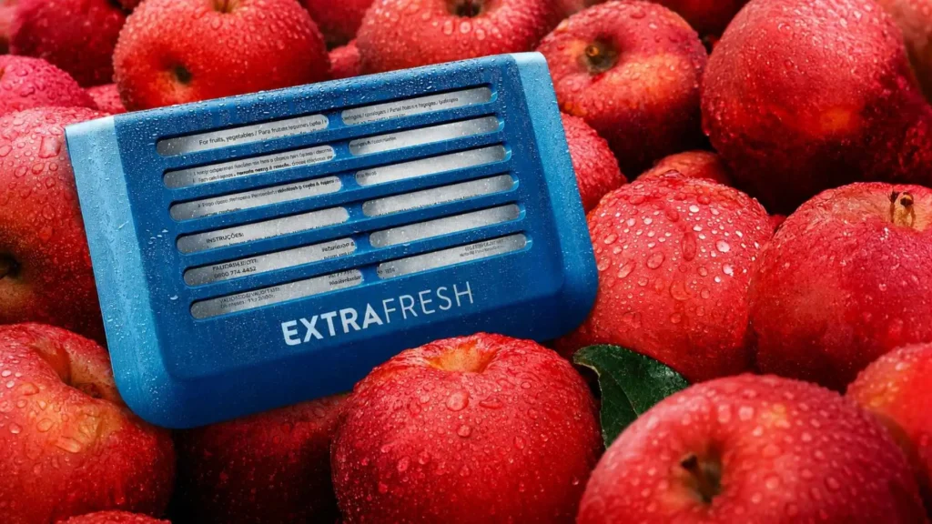 Filtro ExtraFresh azul posicionado sobre maçãs vermelhas para demonstrar o controle de maturação na Geladeira Electrolux 480L IM7B