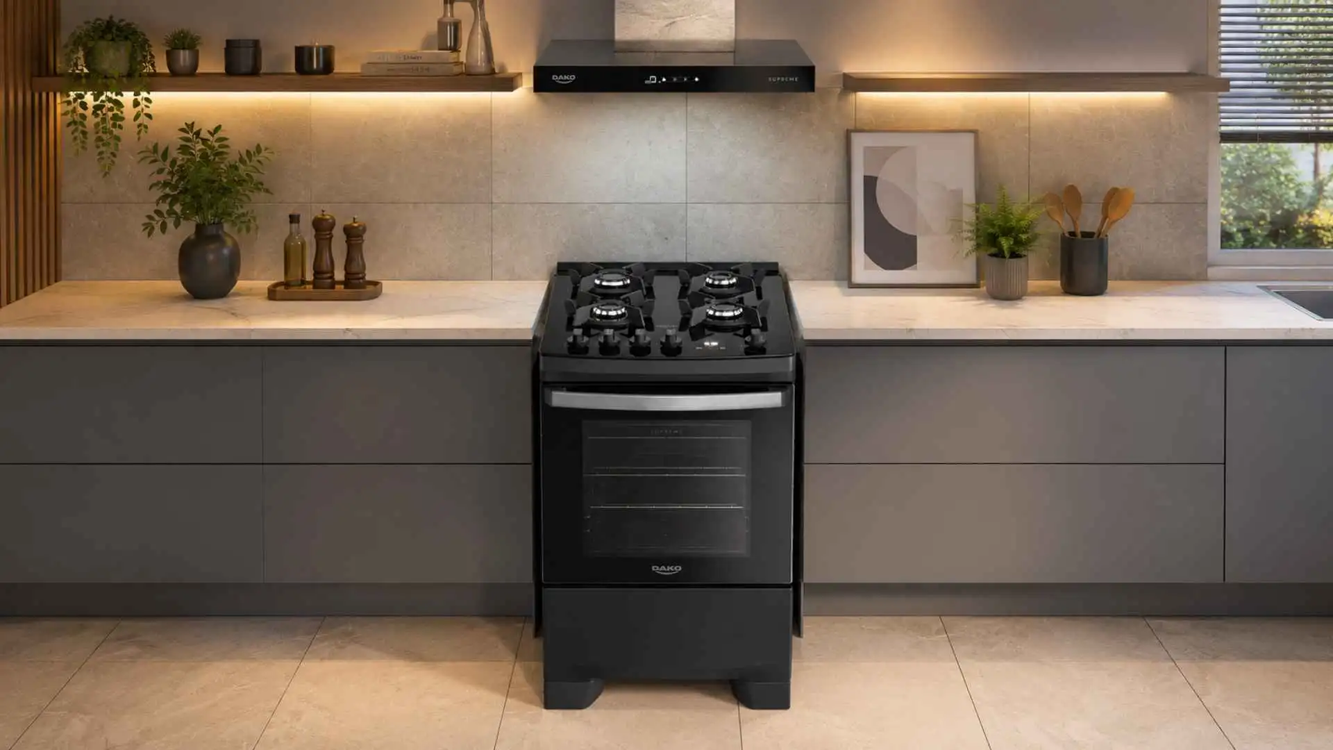Fogão 4 bocas Dako Supreme Black Glass preto com mesa de vidro instalado em uma cozinha planejada moderna e iluminada
