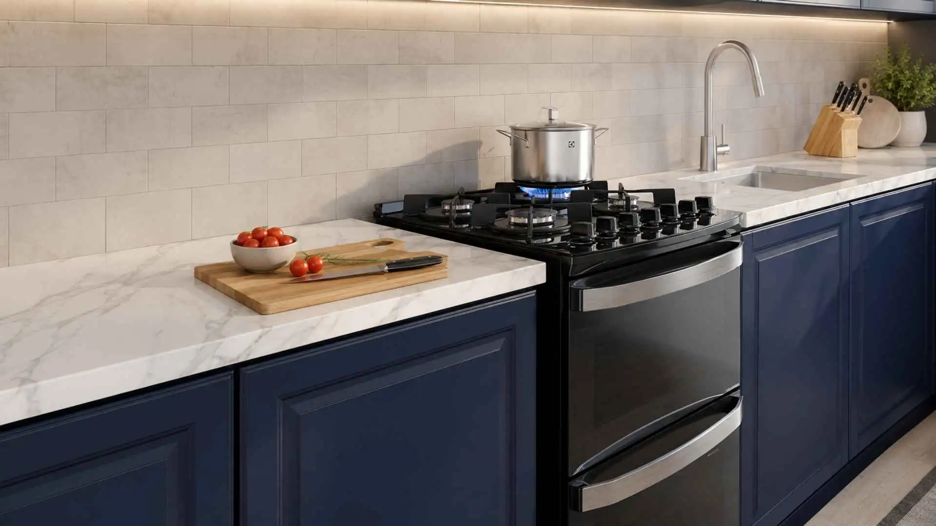 Fogão 4 bocas Electrolux Experience FE4DB preto instalado de piso em uma cozinha moderna