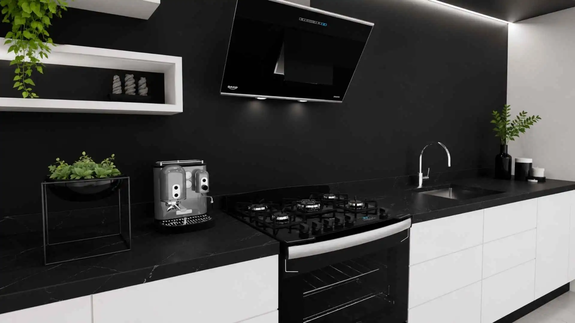 Fogão 5 Bocas Dako Diplomata Grill embutido em uma cozinha moderna com móveis brancos e azulejos escuros