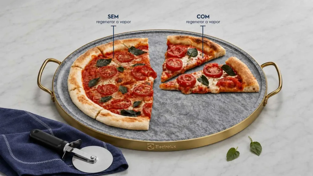 Pizza assada de forma homogênea em uma assadeira redonda, demonstrando a eficiência da tecnologia PerfectCook do Fogão 5 Bocas Electrolux FE5GB