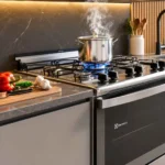 Visão lateral do Fogão 5 Bocas Electrolux FE5IG de piso em inox instalado em uma bancada de cozinha moderna com uma panela no queimador central