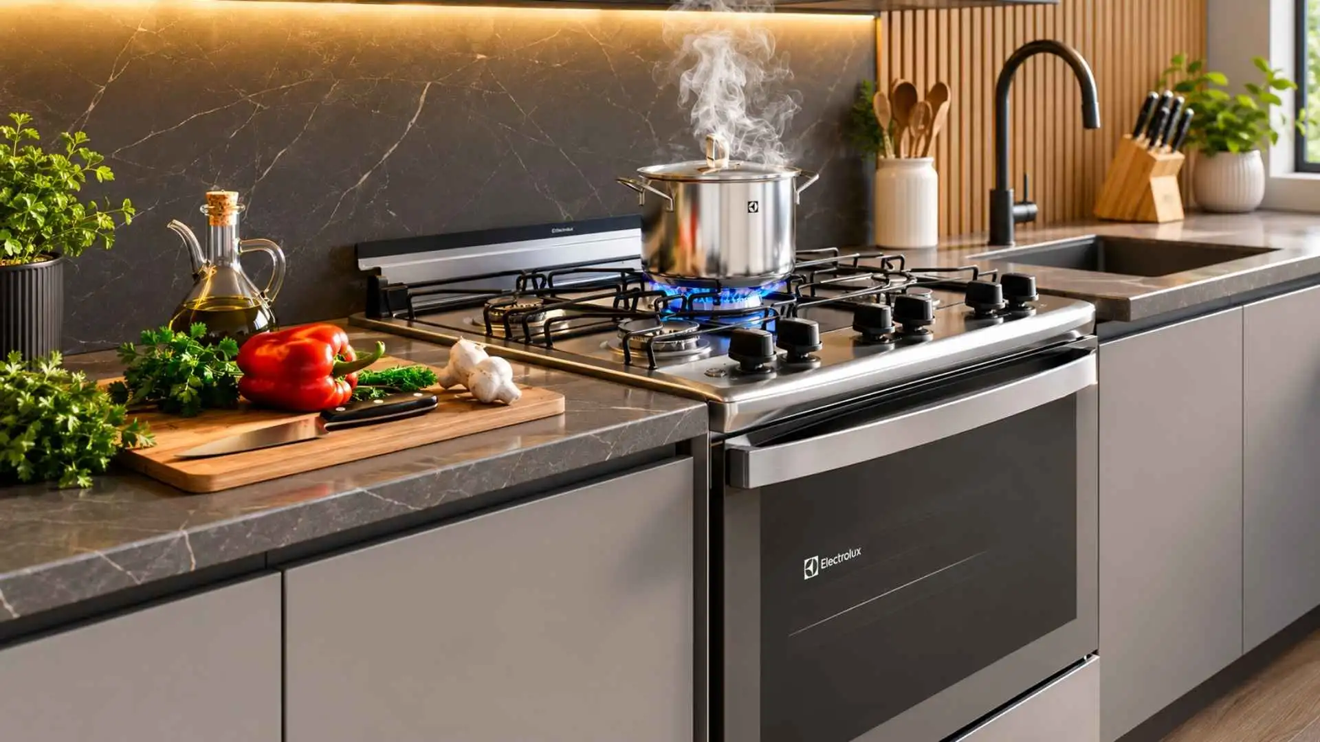 Visão lateral do Fogão 5 Bocas Electrolux FE5IG de piso em inox instalado em uma bancada de cozinha moderna com uma panela no queimador central