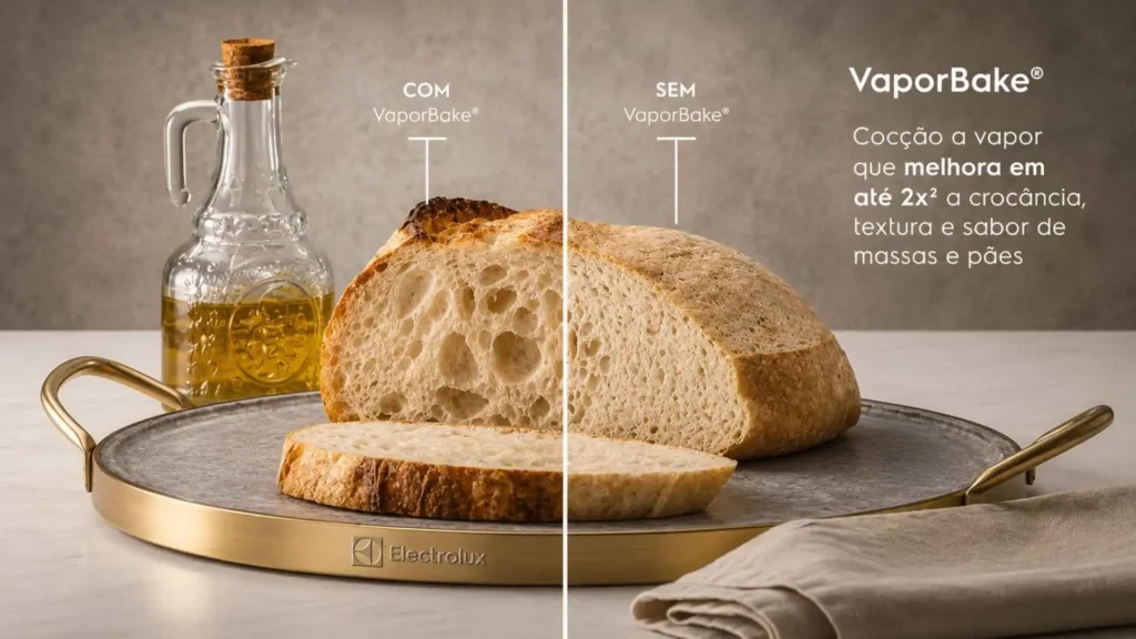 Pão caseiro assado cortado ao meio mostrando o miolo macio e a casca crocante obtidos com a tecnologia VaporBake do Fogão 5 Bocas Electrolux FE5IG