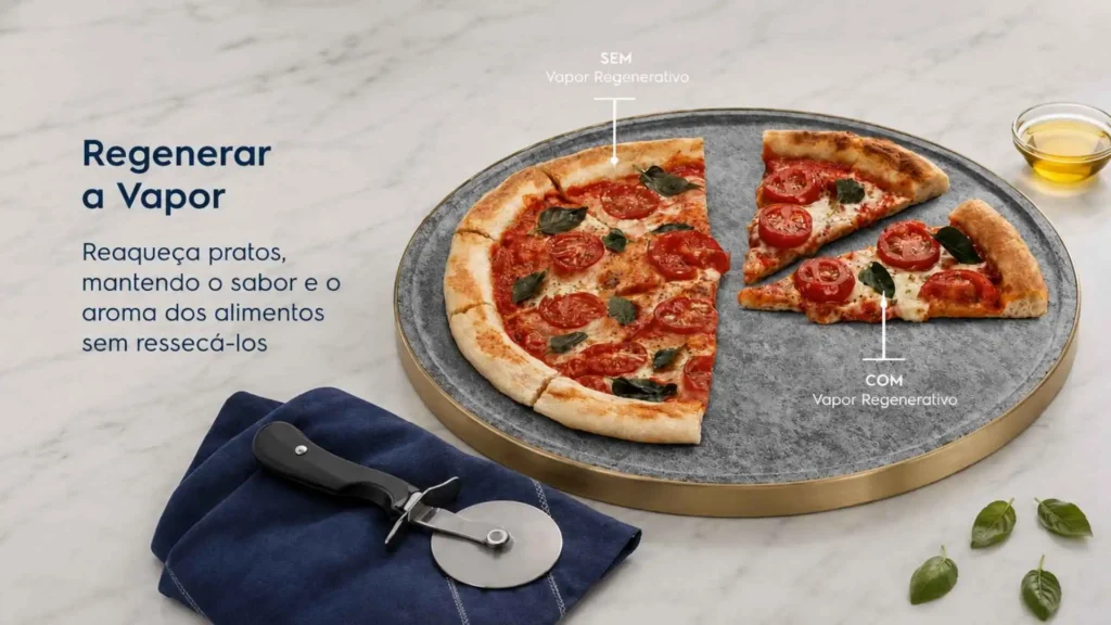 Pizza com fatias cortadas sobre uma pedra reaquecida usando a função Regenerar a Vapor do forno do Fogão 5 Bocas Electrolux FE5IG