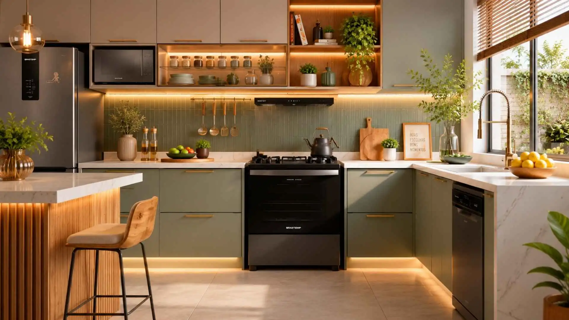 Fogão Brastemp 5 Bocas BFS5GDR cor inox instalado em uma cozinha moderna com armários planejados