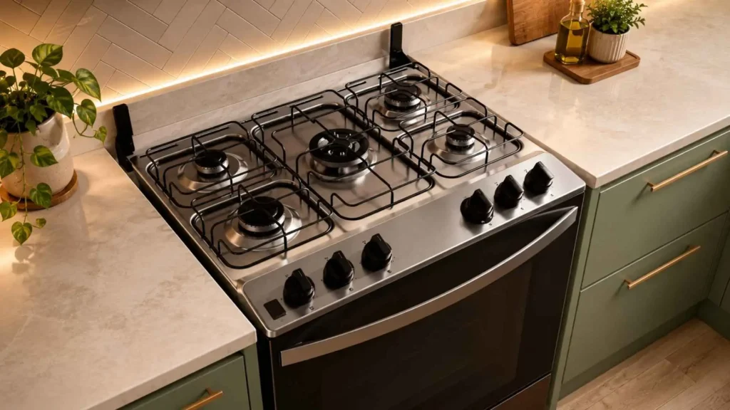 Detalhe de cima da mesa de inox do Fogão Brastemp 5 Bocas BFS5GDR com destaque para o queimador central Turbo Chama e as grades individuais