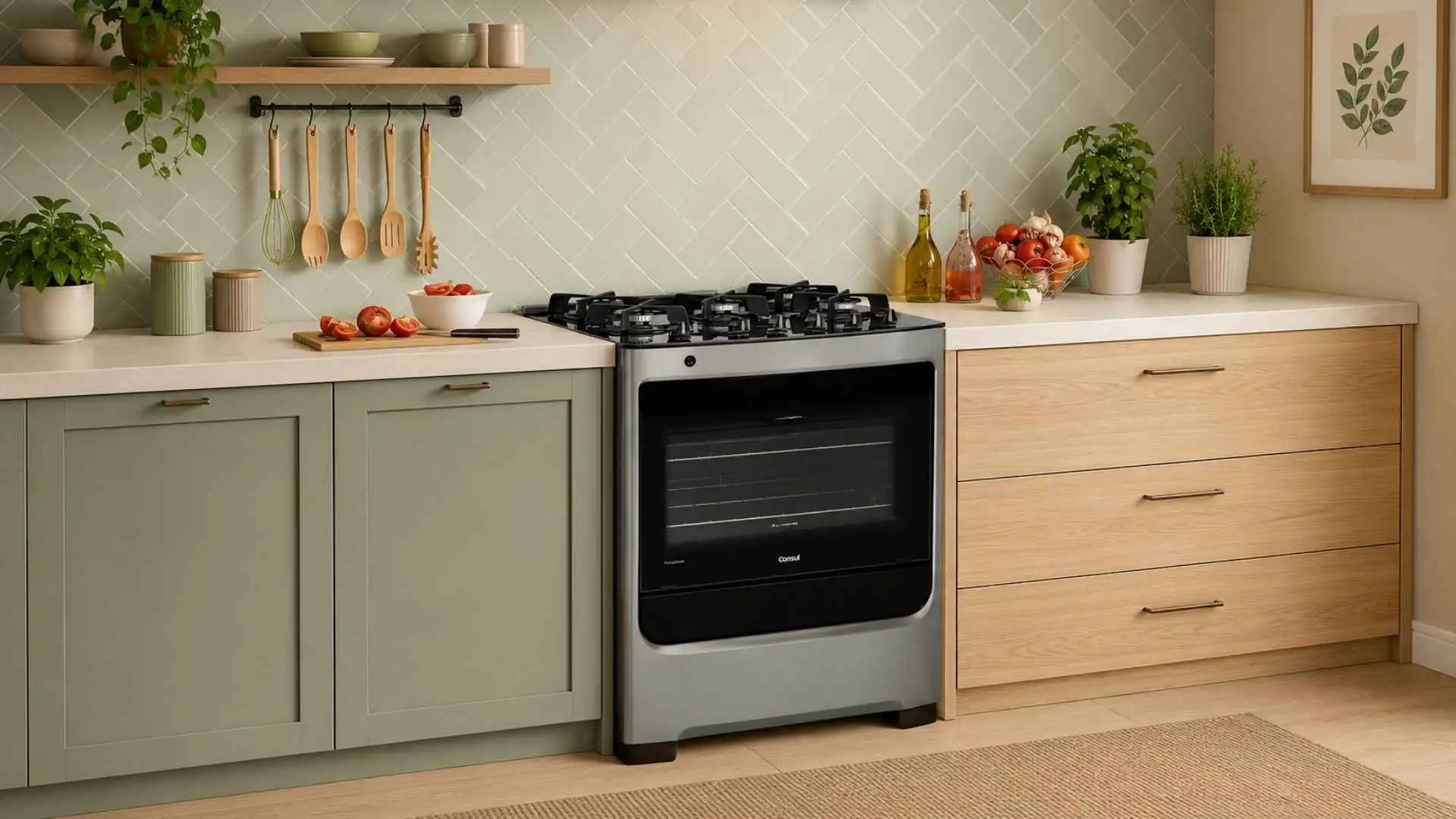 Fogão Consul 5 Bocas CFS5VAR cor inox posicionado em uma cozinha moderna com armários planejados