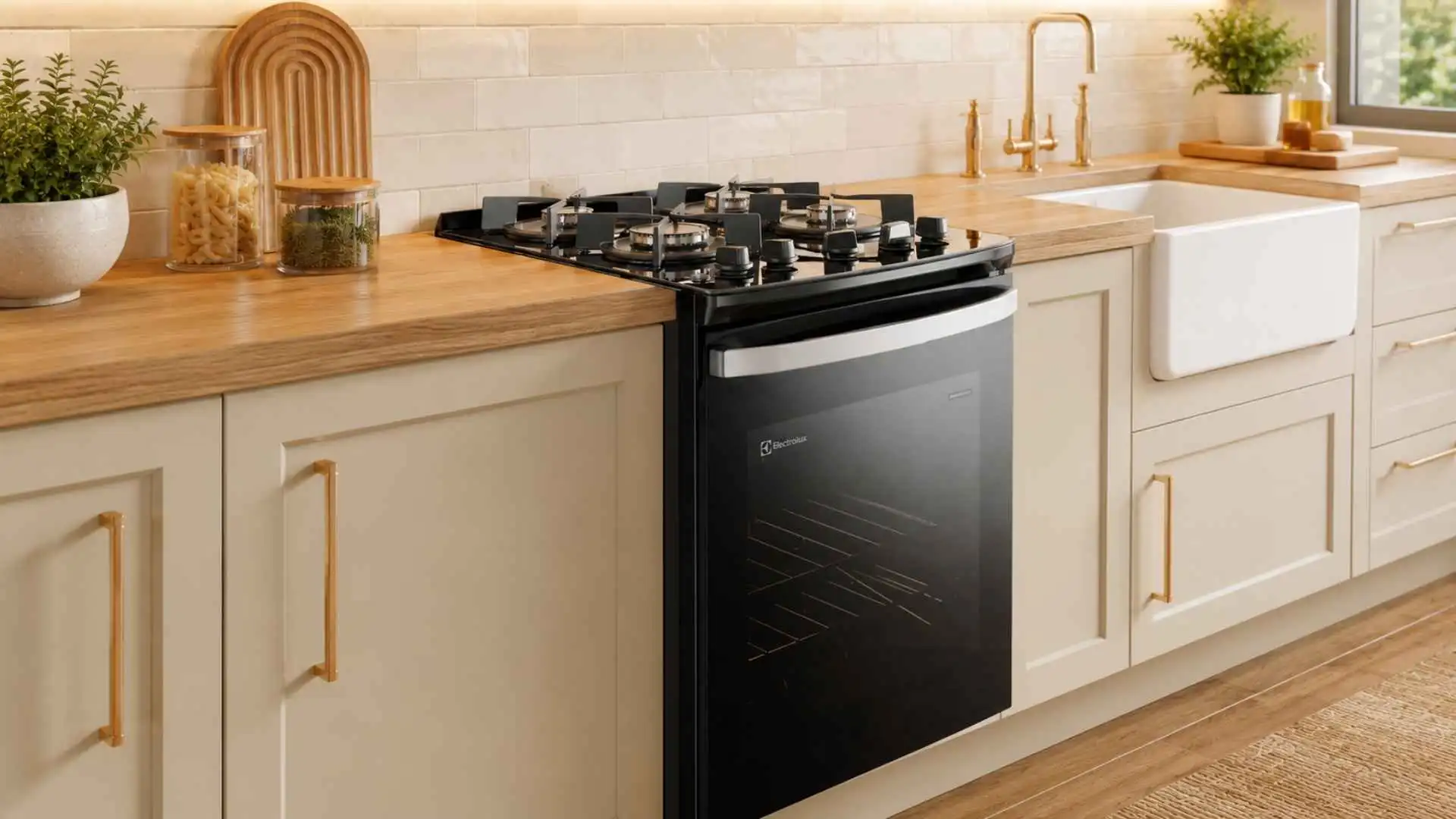 Fogão de embutir 4 bocas Electrolux Experience preto instalado em nicho de cozinha sob medida com bancada clara