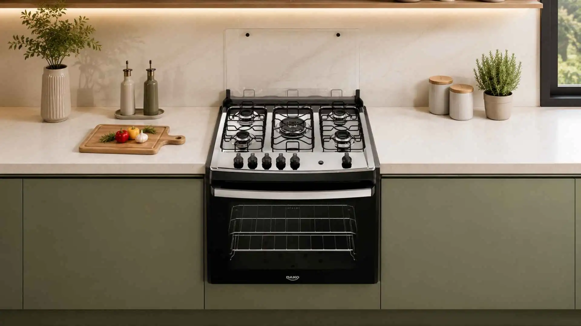 Fogão de embutir 5 bocas Dako Supreme preto com mesa inox instalado em uma bancada de cozinha planejada moderna