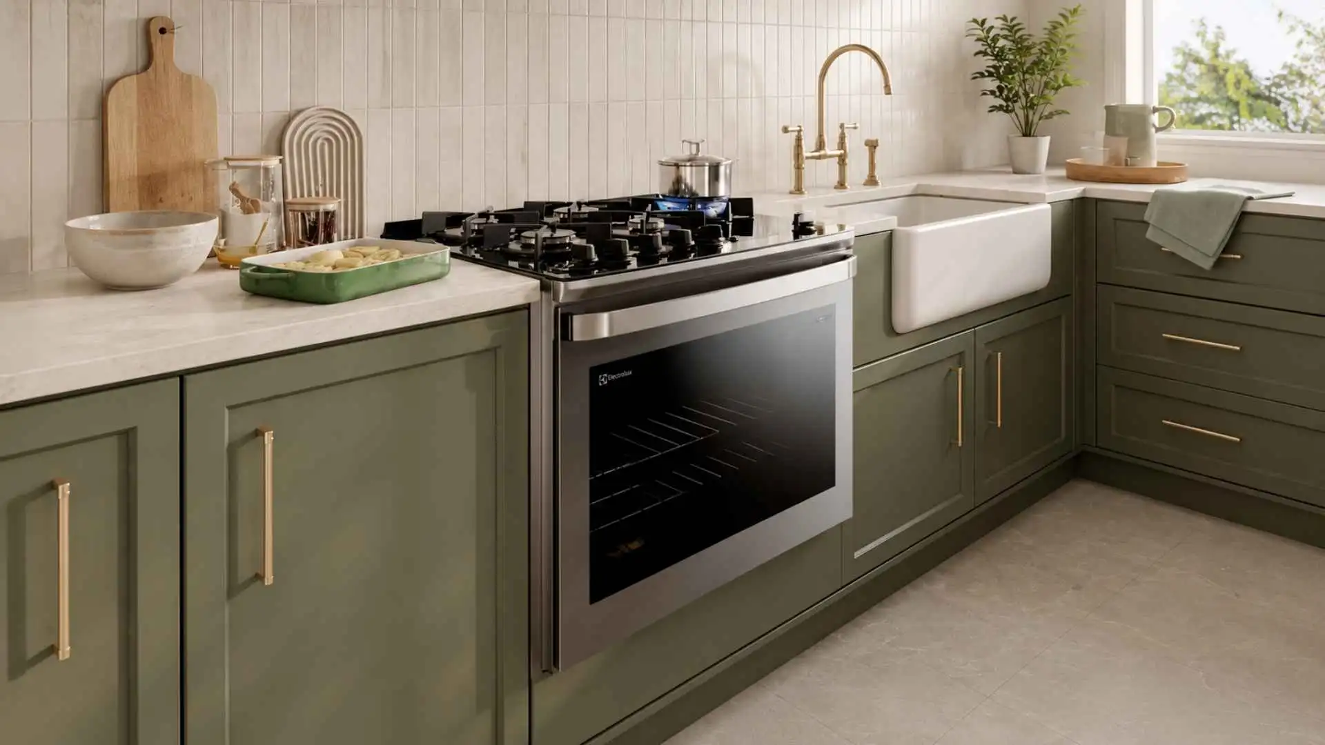 Fogão de embutir 5 bocas Electrolux FE5EG cinza instalado em bancada de cozinha planejada com armários verdes