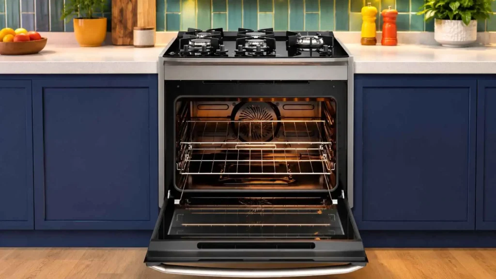 Forno aberto com luz acesa do fogão de embutir 5 bocas Electrolux FE5EG exibindo o amplo espaço interno de 108 litros e duas prateleiras