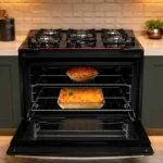Forno gigante aberto de 119,5 litros do fogão de embutir Dako Diplomata 5 bocas mostrando um bolo assando na prateleira