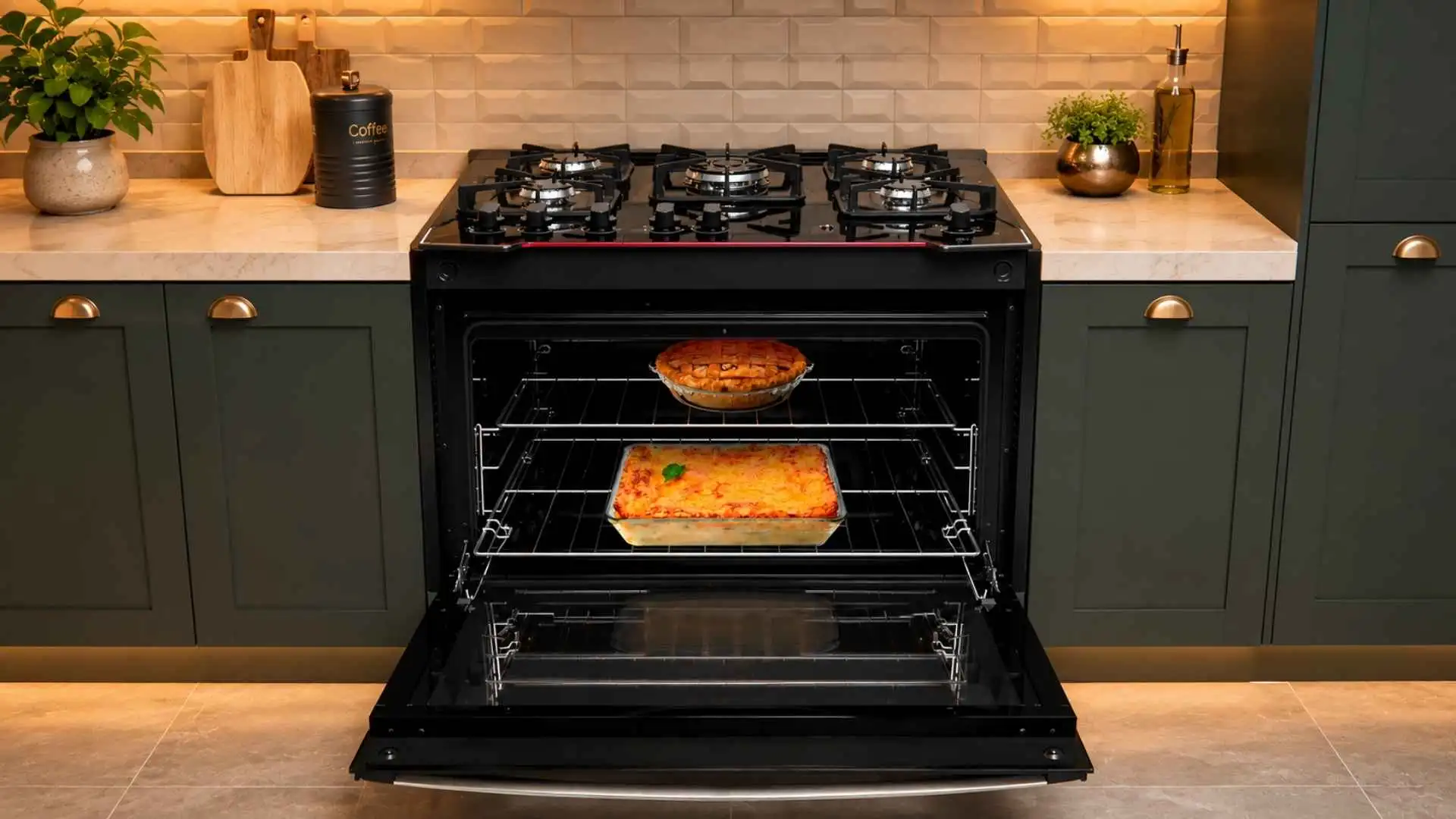 Forno gigante aberto de 119,5 litros do fogão de embutir Dako Diplomata 5 bocas mostrando um bolo assando na prateleira