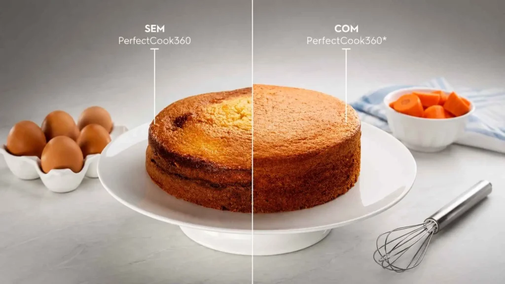 Comparativo de bolo assado de forma homogênea usando a tecnologia PerfectCook360 do forno do fogão Electrolux 5 bocas FE5DC Experience