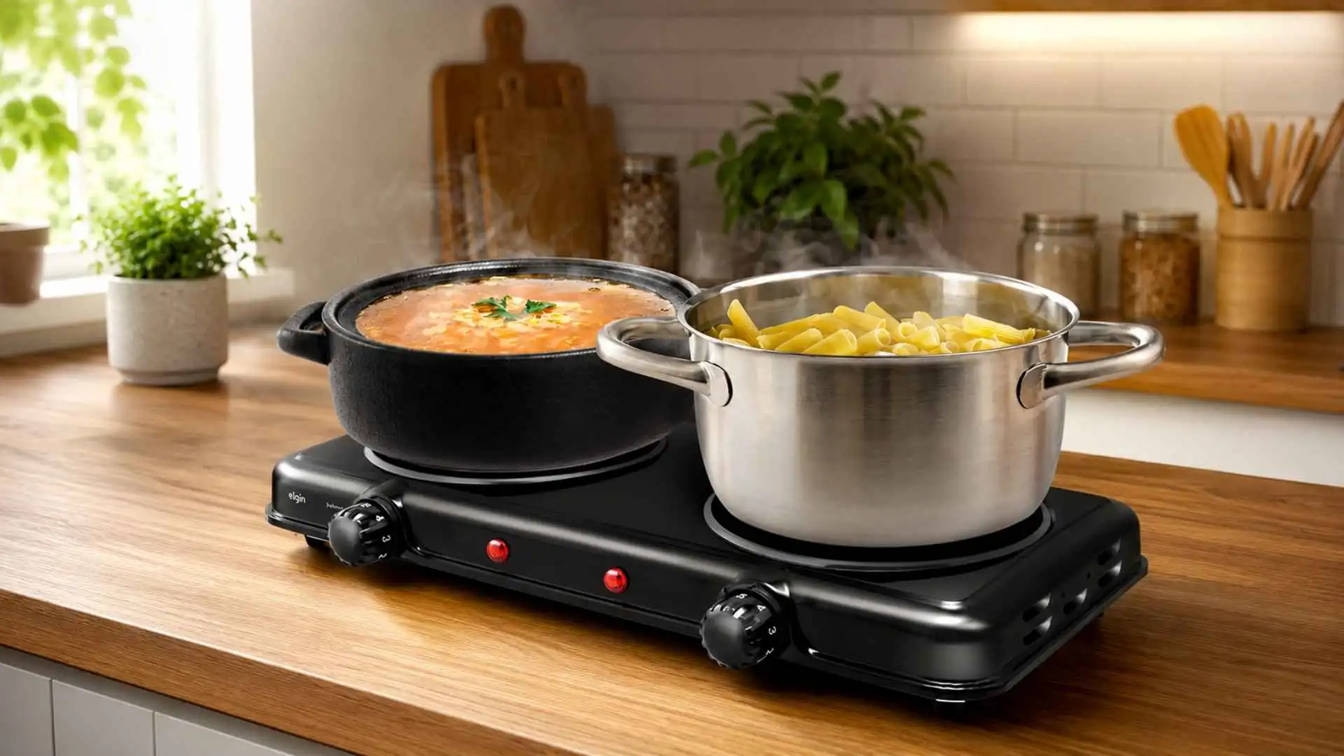Fogão elétrico cooktop 2 bocas Elgin em uso na cozinha com duas panelas de metal preparando alimentos
