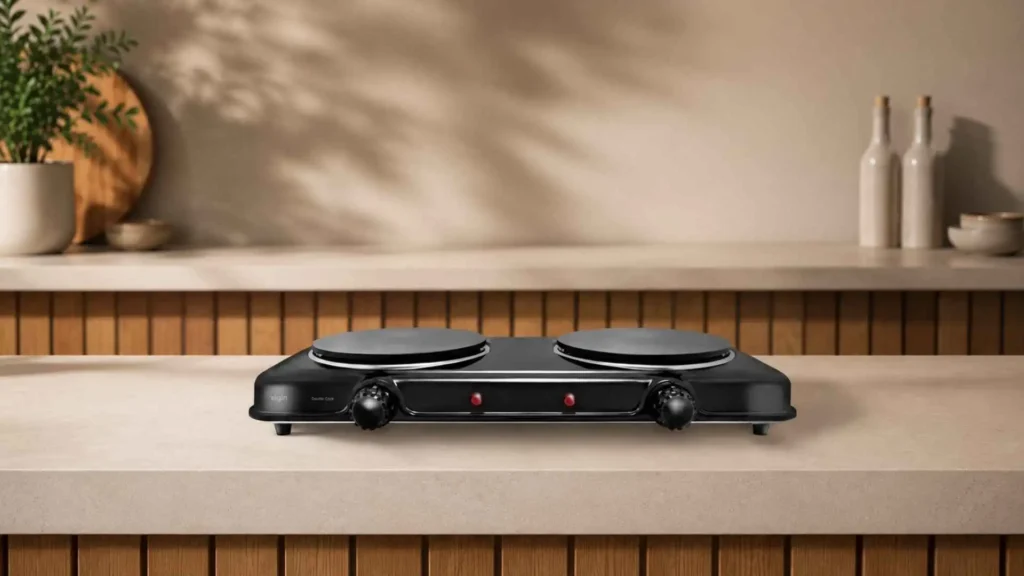 Fogão elétrico cooktop 2 bocas Elgin posicionado sobre uma bancada de cozinha com iluminação suave