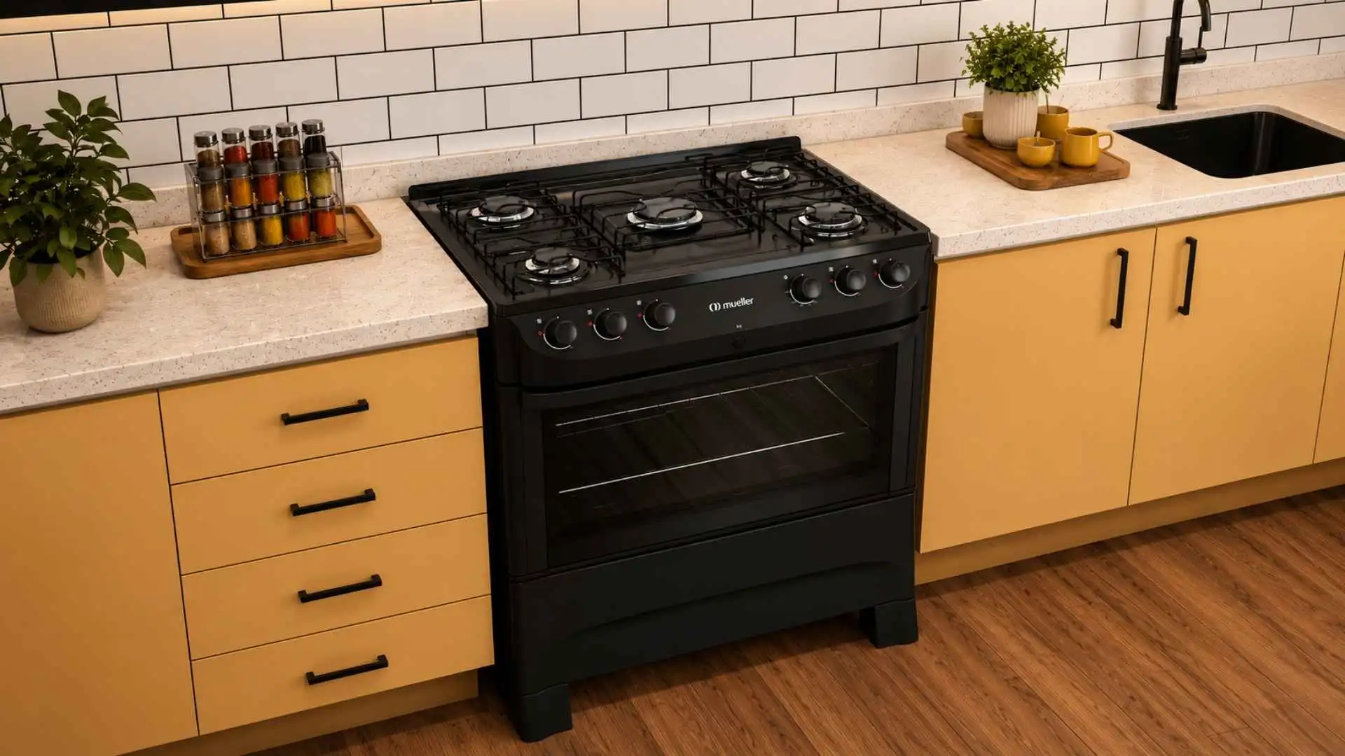 Fogão 5 bocas Mueller MFI5BC preto fosco instalado em uma cozinha com armários planejados