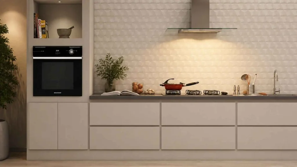 Visão geral de cozinha planejada com o forno de embutir elétrico Brastemp 78L BOA84