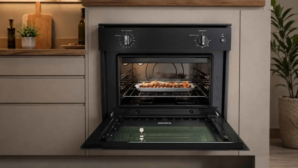 Forno de embutir elétrico Consul COB47BE aberto mostrando assadeira e espaço interno de 47 litros