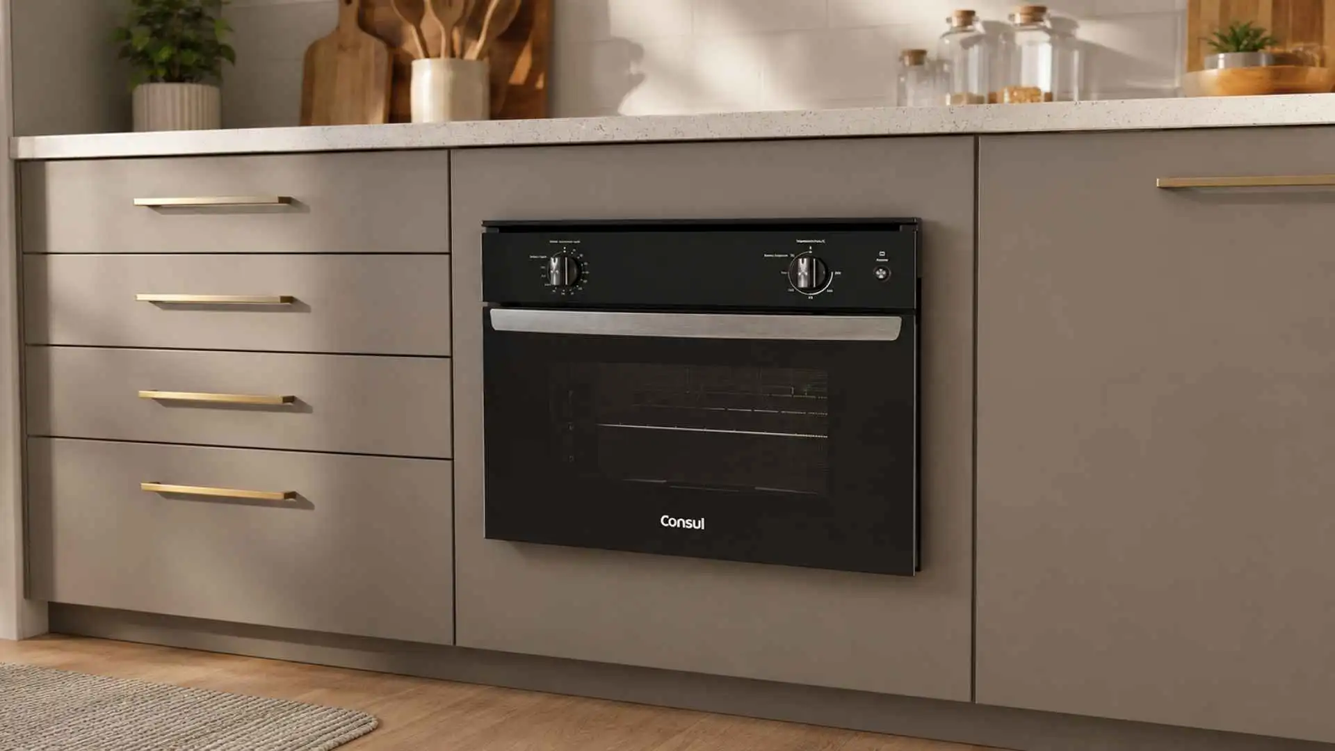 Forno de embutir elétrico Consul COB47BE instalado em bancada de cozinha planejada
