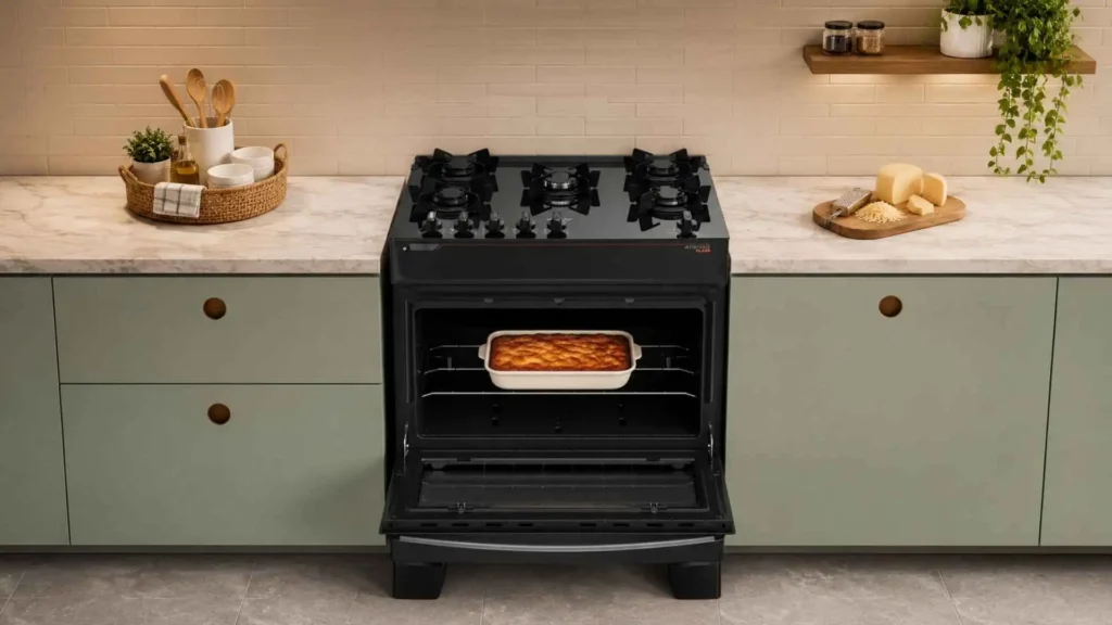 Forno de 82 litros aberto do fogão 5 bocas Atlas Atenas Glass mostrando um assado na grade interna