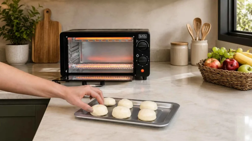 Pessoa colocando bandeja com pães de queijo no forno elétrico Black+Decker FT9N de 9 litros