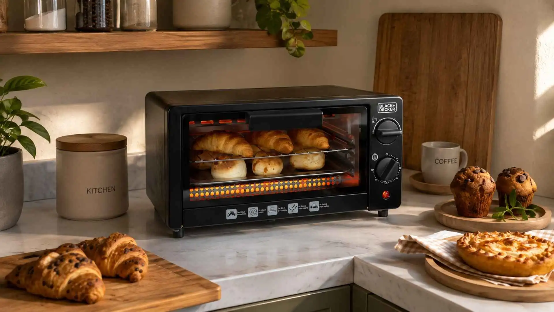 Forno elétrico Black+Decker FT9N ligado na bancada da cozinha assando pães ao lado de croissants