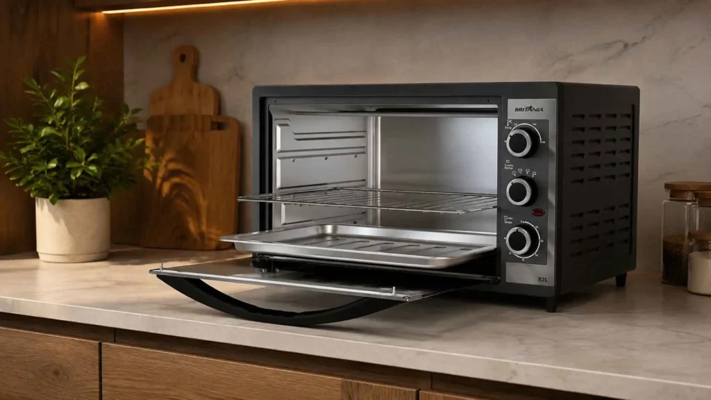 Forno Elétrico Britânia BFE55P com porta aberta exibindo a grelha e a capacidade interna