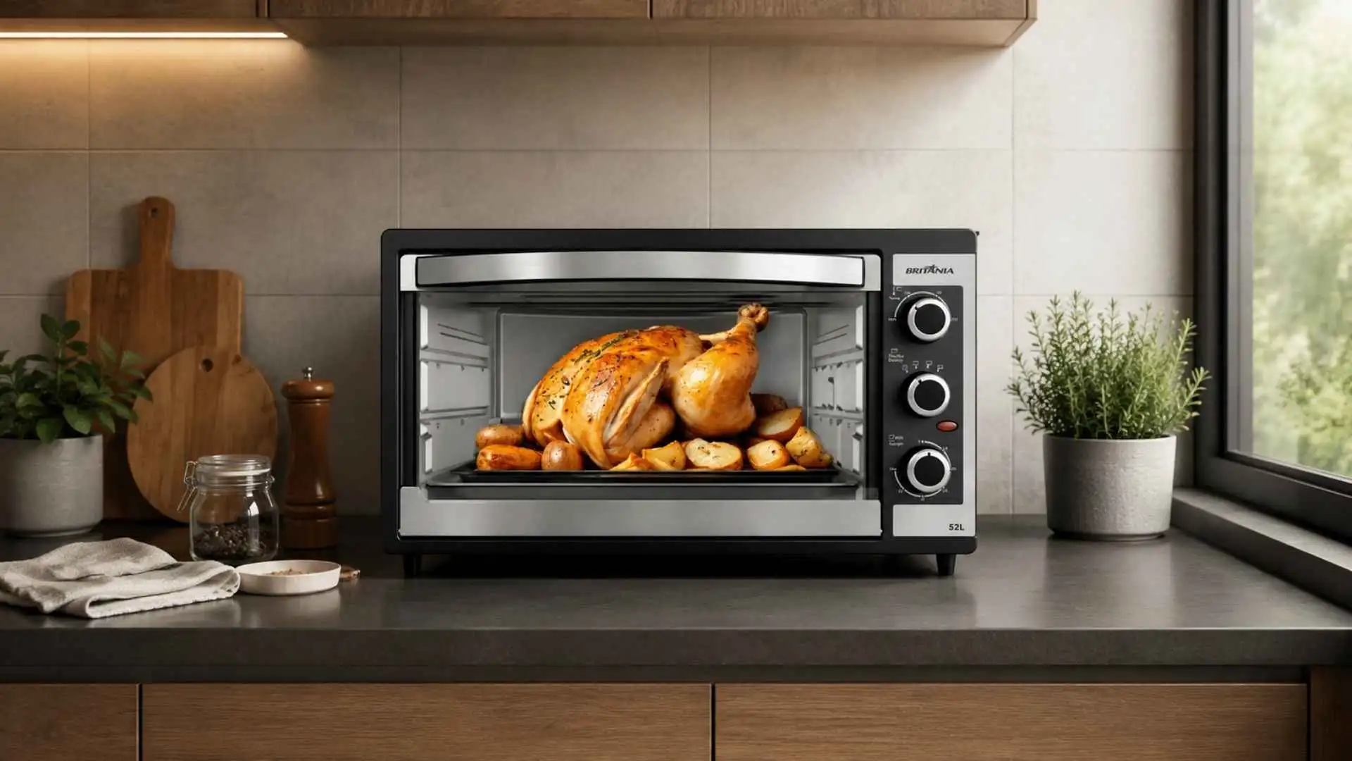Forno Elétrico Britânia BFE55P assando um frango dourado na grelha