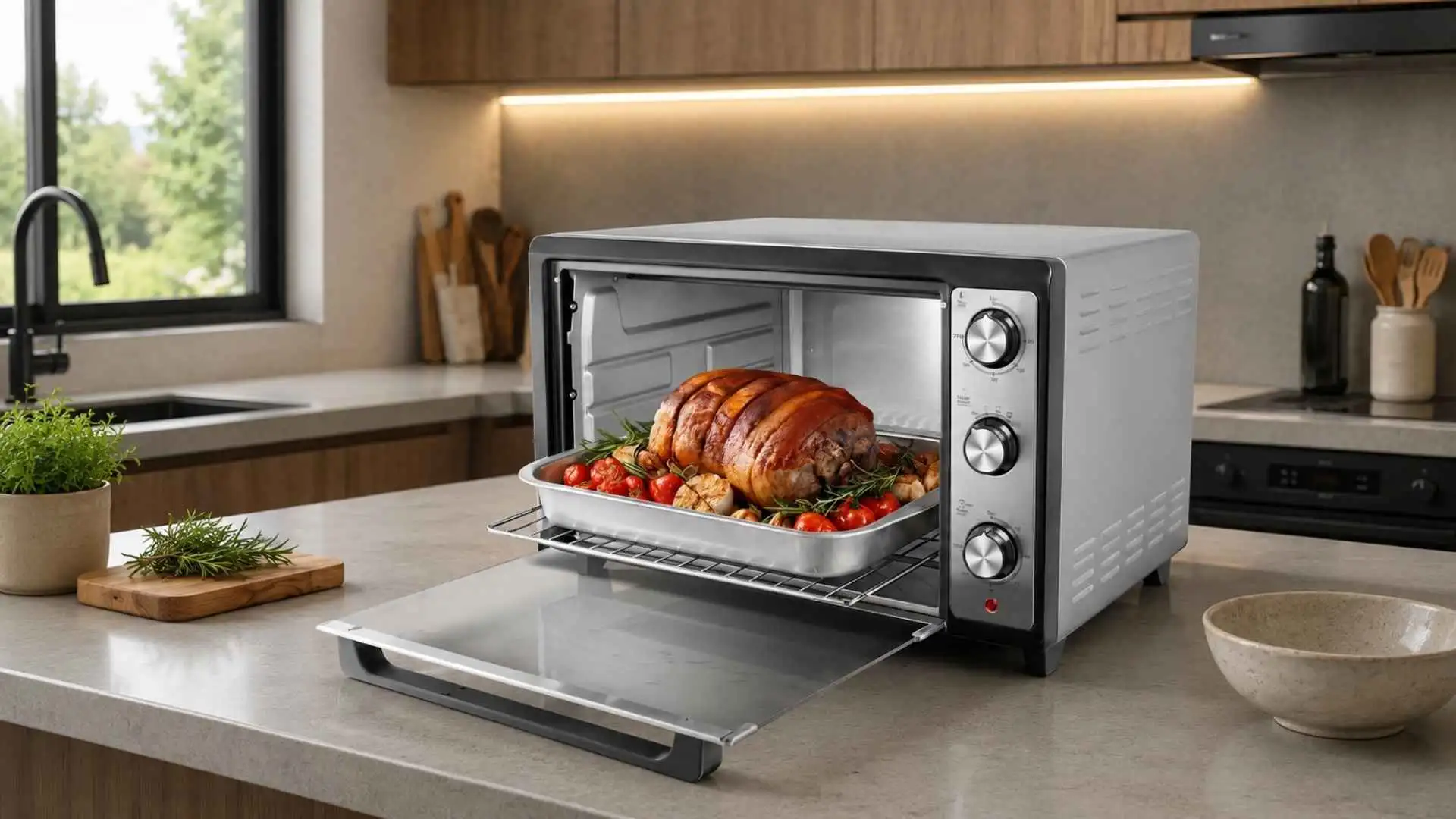 Forno elétrico Philco PFE60I de 60 litros aberto assando um frango na bancada da cozinha