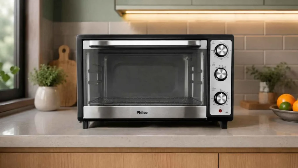 Vista frontal do forno elétrico Philco PFE60I de 60L em inox sobre a bancada da cozinha