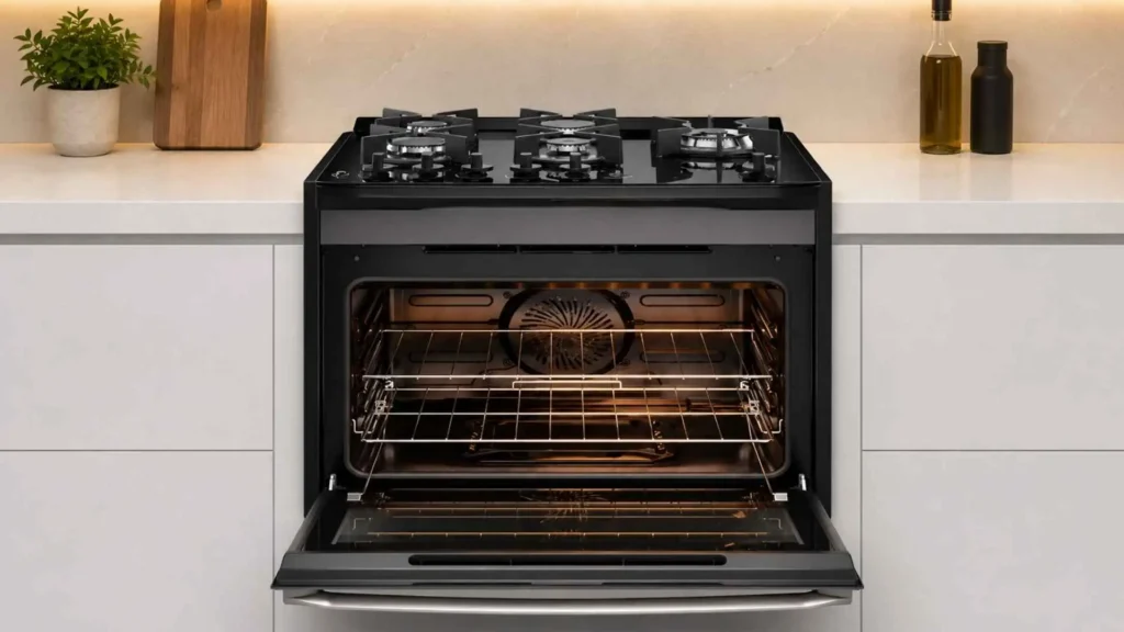 Forno aberto e iluminado do fogão de embutir 5 bocas Electrolux FE5EB exibindo as duas prateleiras internas e o espaço de 108,9 litros
