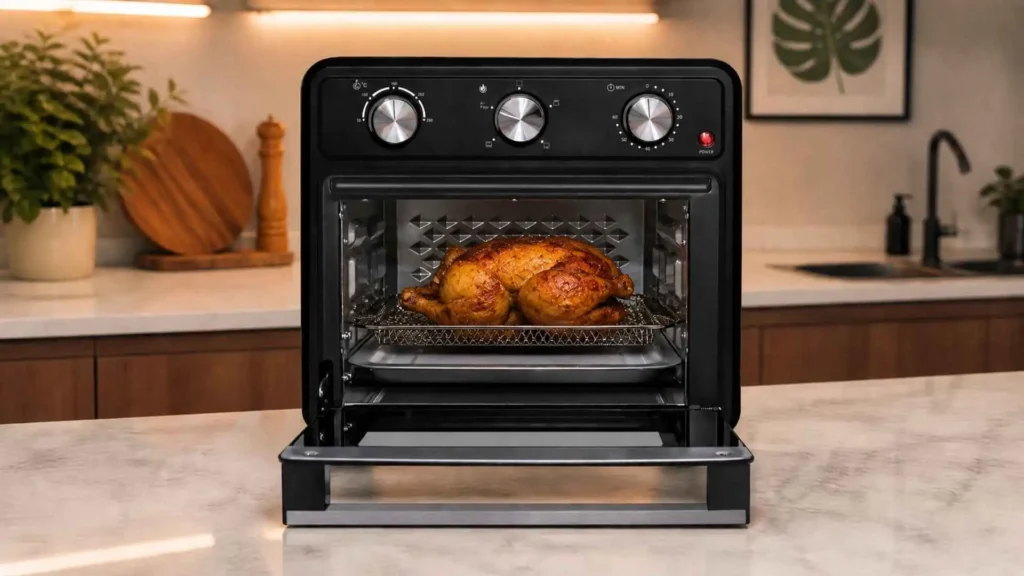 Frango inteiro sendo assado uniformemente dentro do Forno Fryer Fogatti de 22 litros