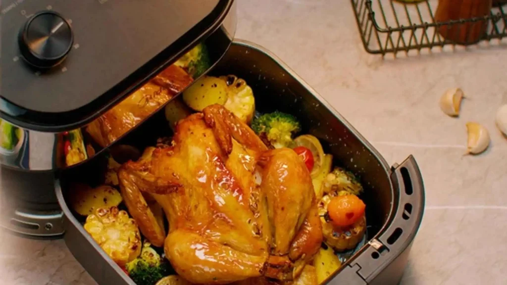 Frango inteiro sendo preparado na Air Fryer Midea WideMax Cyclone demonstrando a capacidade do cesto