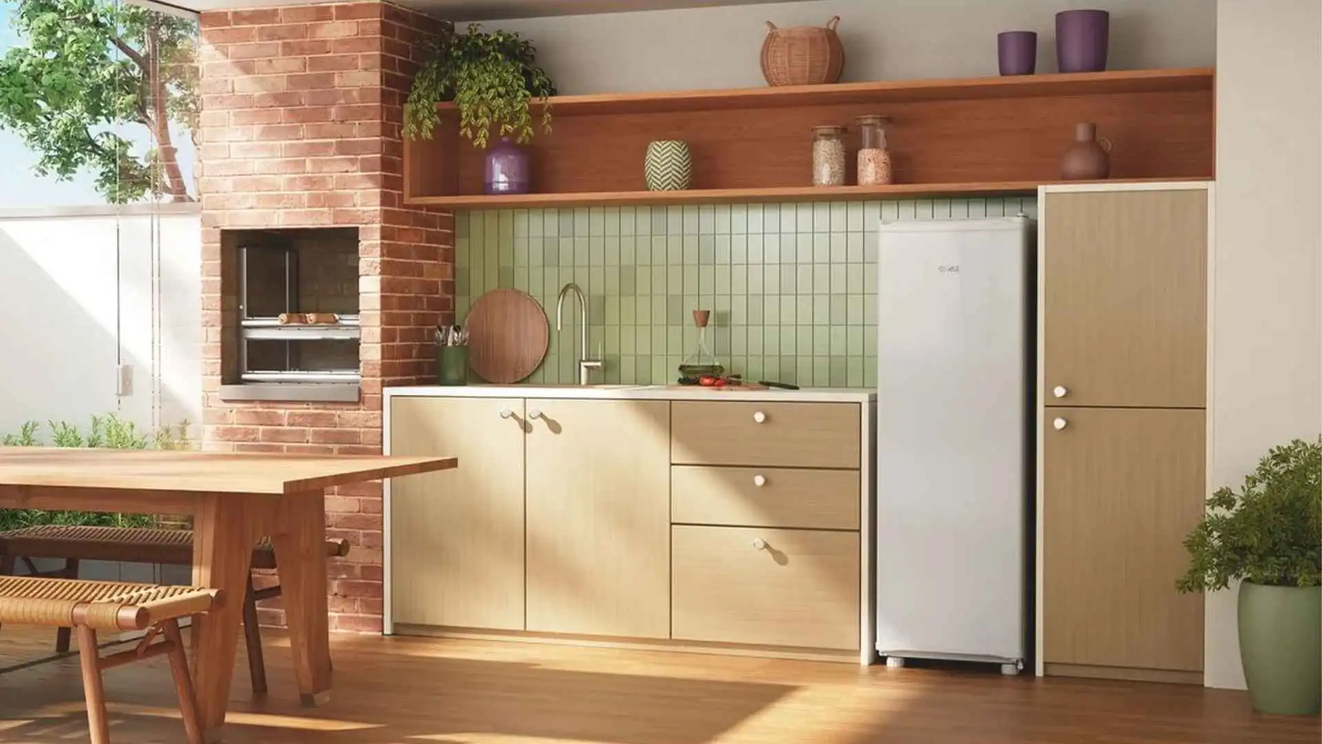 Freezer vertical Consul 189 litros CVU20 na cor branca instalado em um canto planejado de uma cozinha moderna e compacta