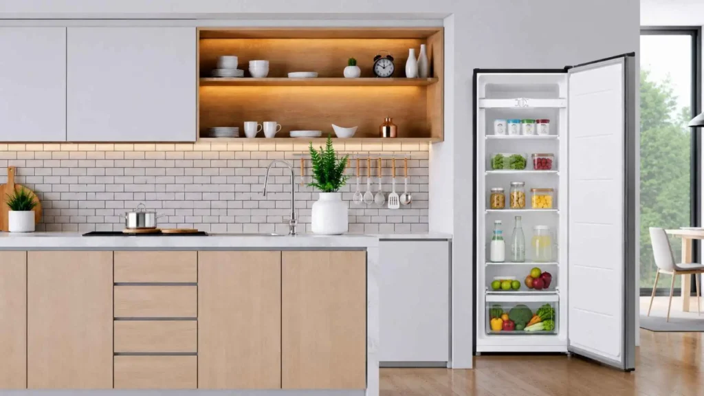 Freezer Vertical Philco 201L PFV205I aberto e abastecido com garrafas de bebidas, laticínios e alimentos, operando na função de refrigerador