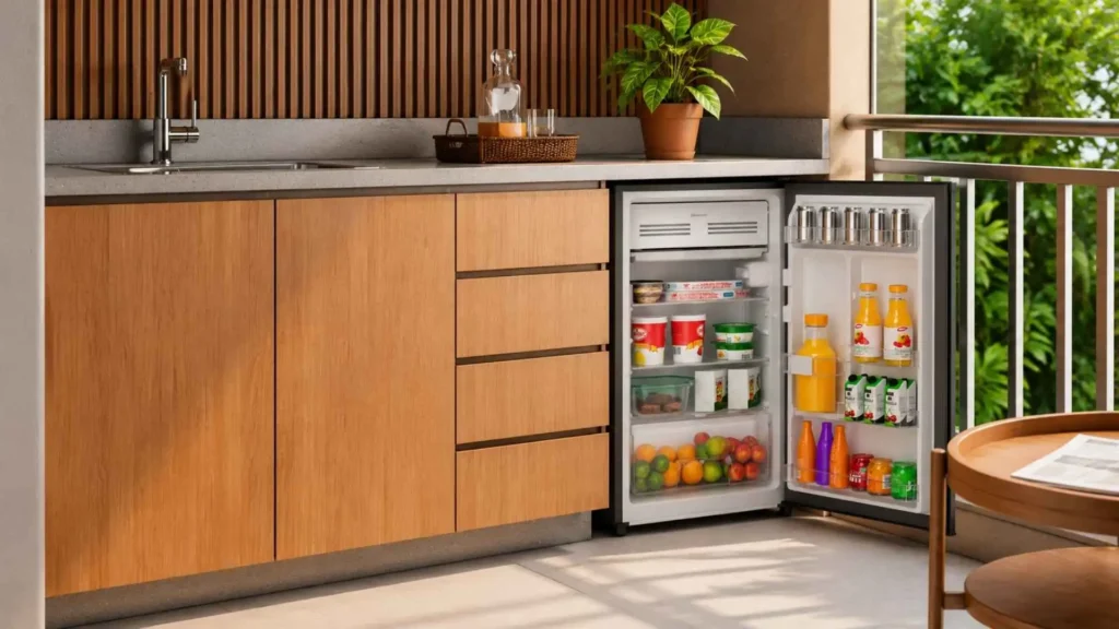 Frigobar Electrolux 90L aberto e abastecido com latas de refrigerante, sucos, frutas e garrafas grandes na porta